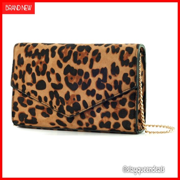 Handbags - Leopard Print Evening Clutch with Detachable Chain Strap